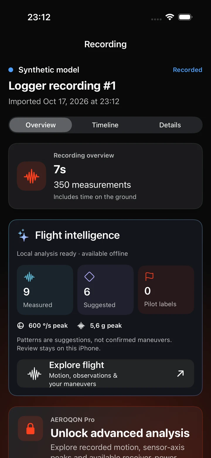 AEROQON app recording overview with flight intelligence and saved measurements